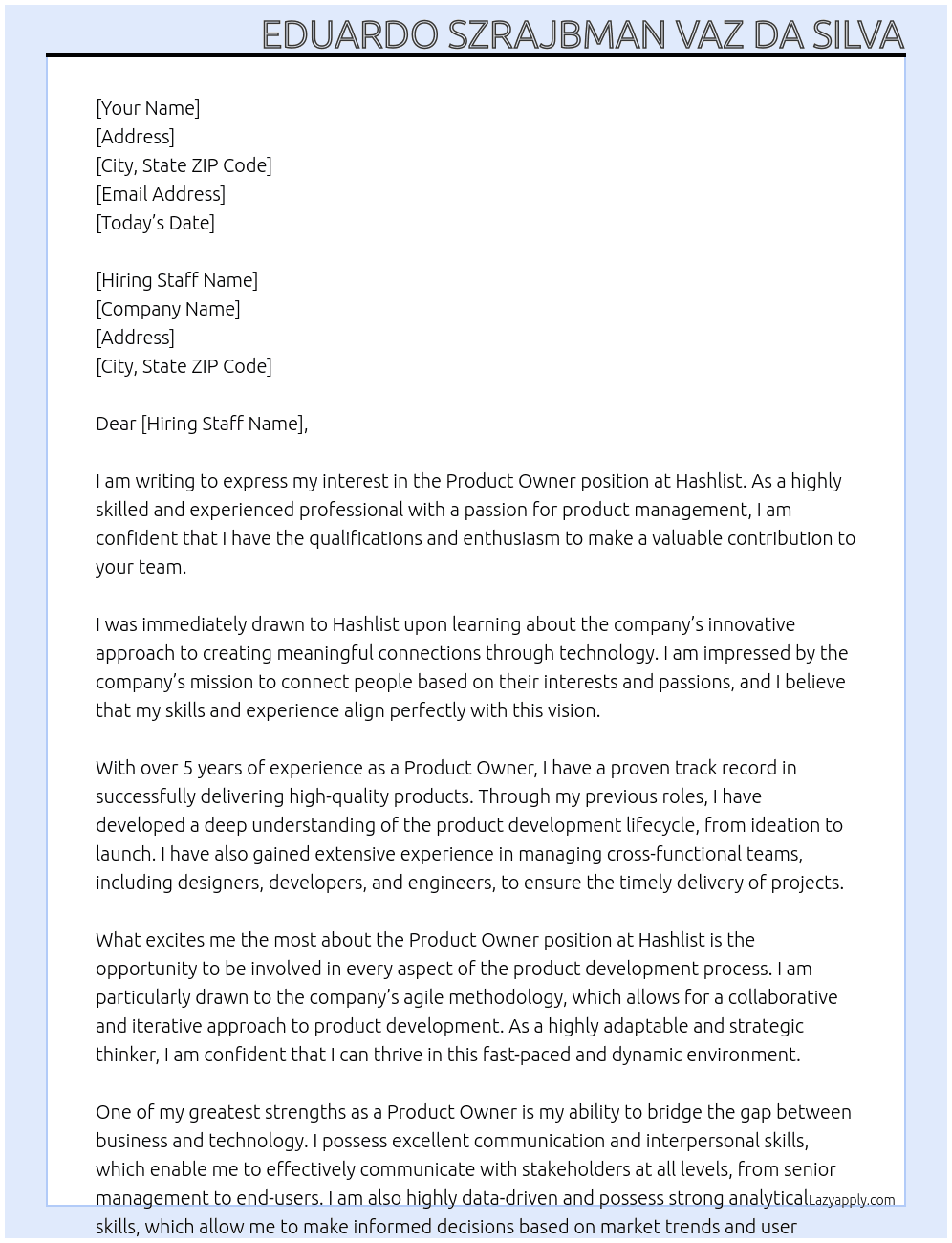 Product Owner At Hashlist Cover Letter