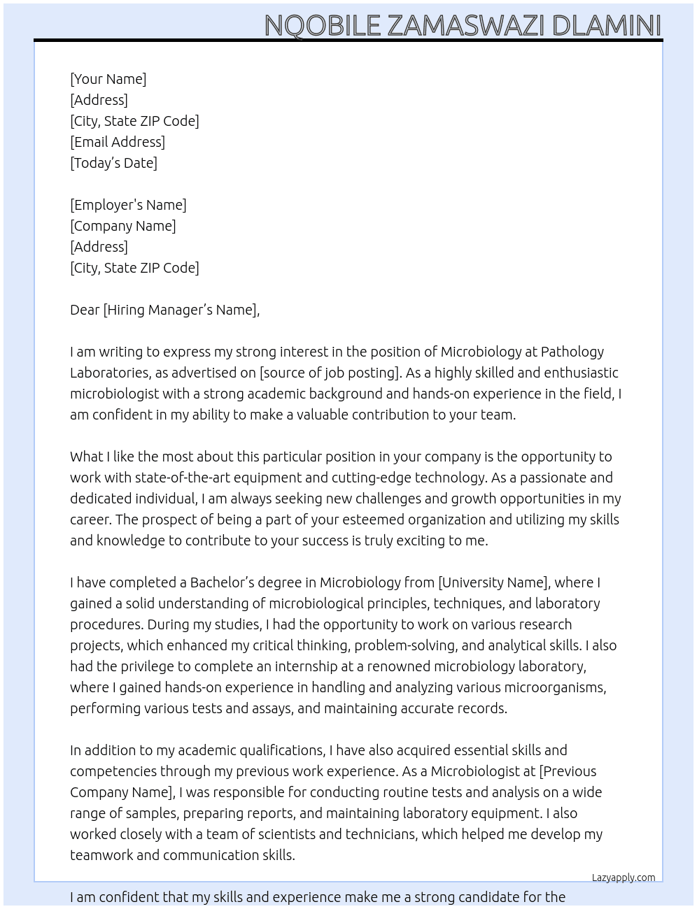 microbiology At Pathology Laboratories Cover Letter