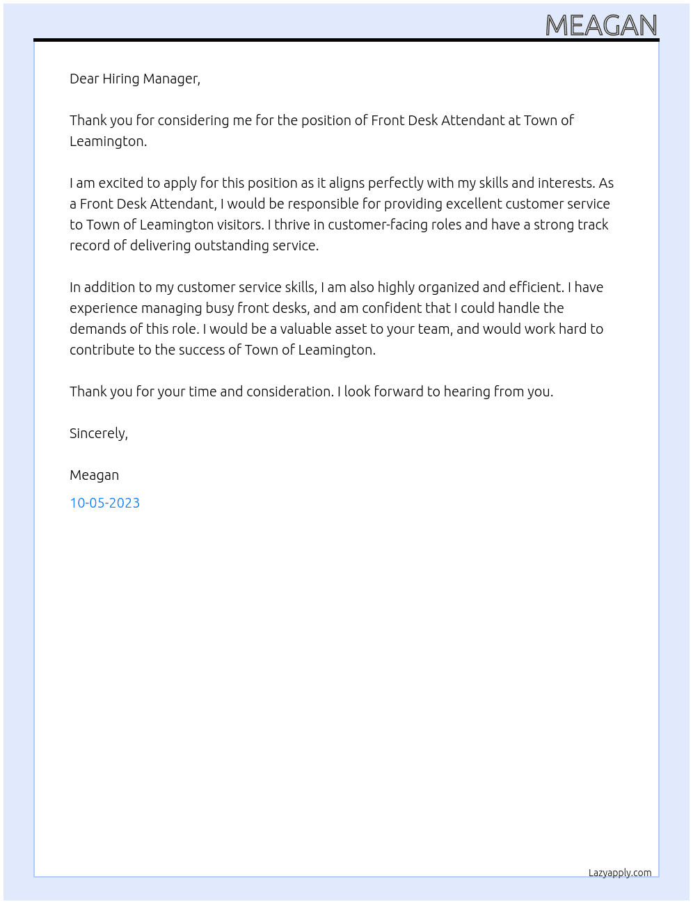 Front Desk Attendant At Town of Leamington Cover Letter
