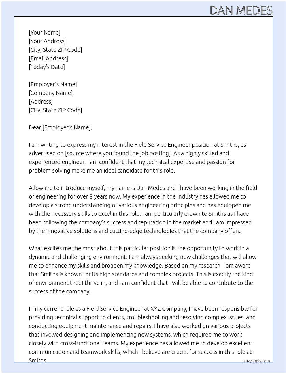 Field service engineer  At smiths Cover Letter