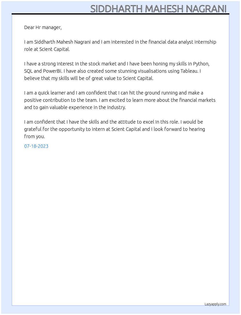 Financial data analyst  At Scient Capital  Cover Letter