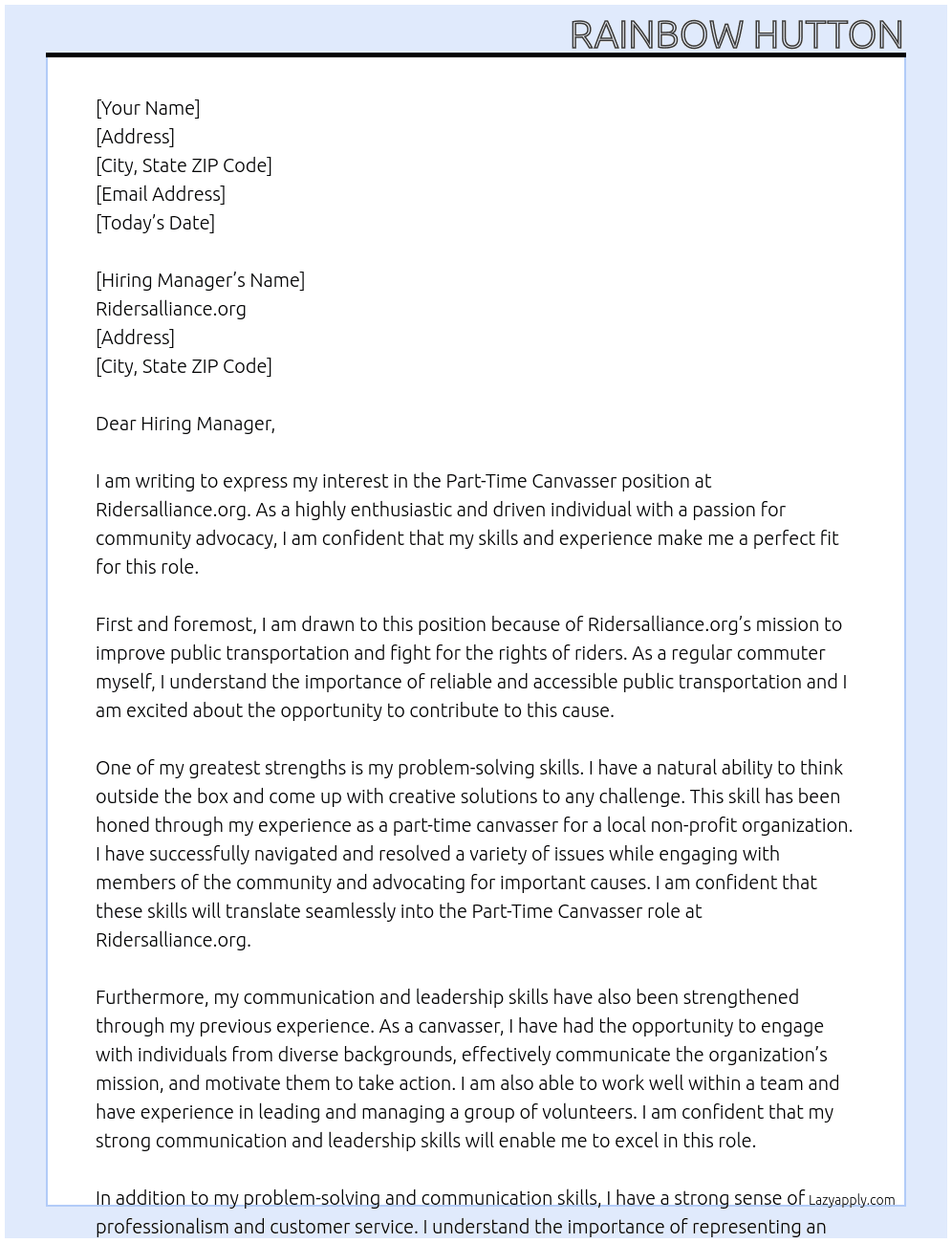 Part-Time Canvasser  At Ridersalliance.org Cover Letter