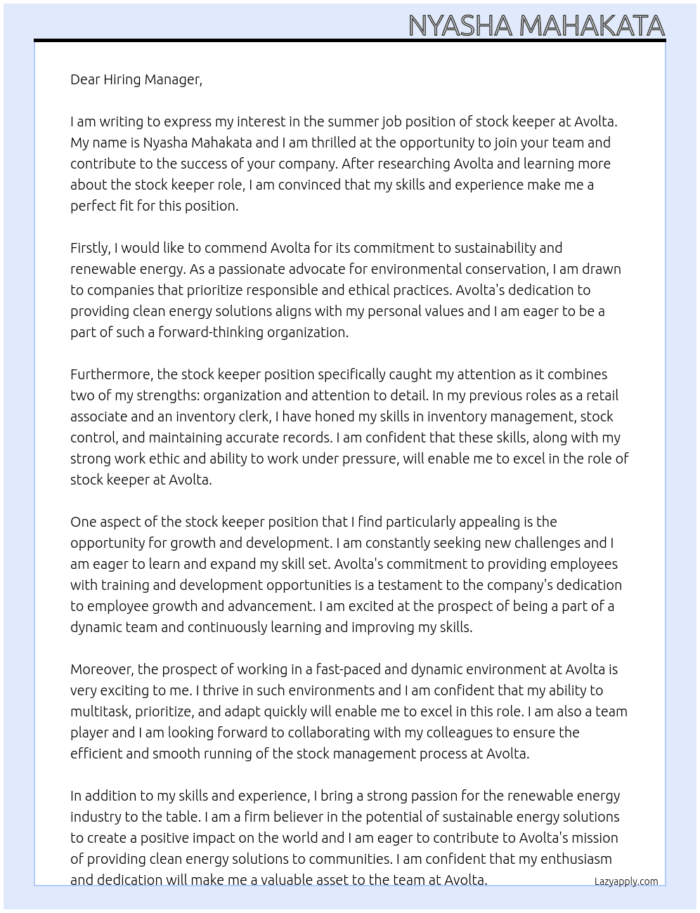  summer job :stock keeper At Avolta Cover Letter