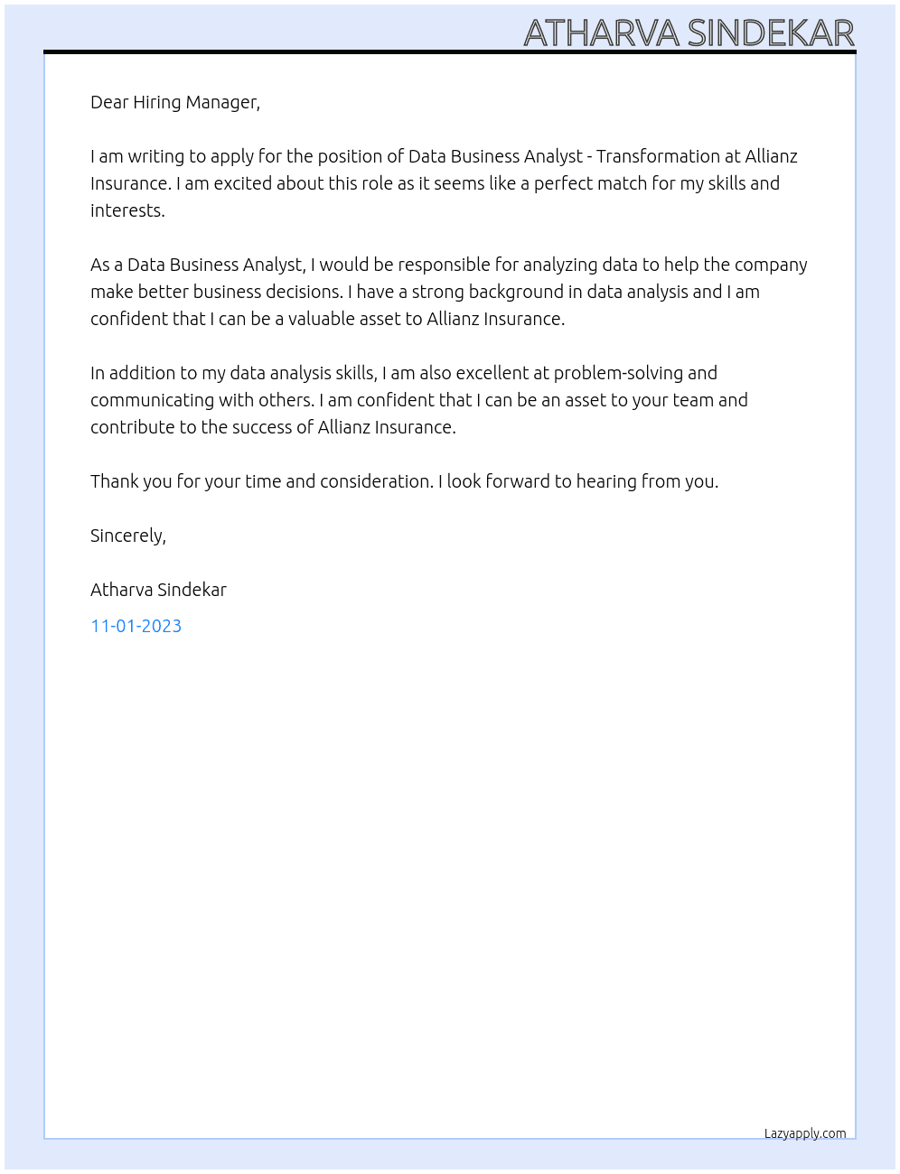 Data Business Analyst - Transformation At Allianz Insurance Cover Letter