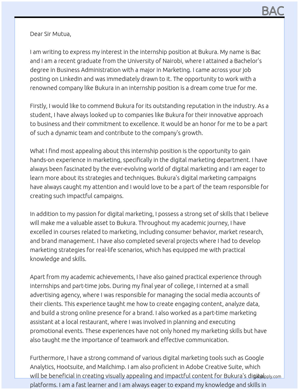 internship At Bukura Cover Letter