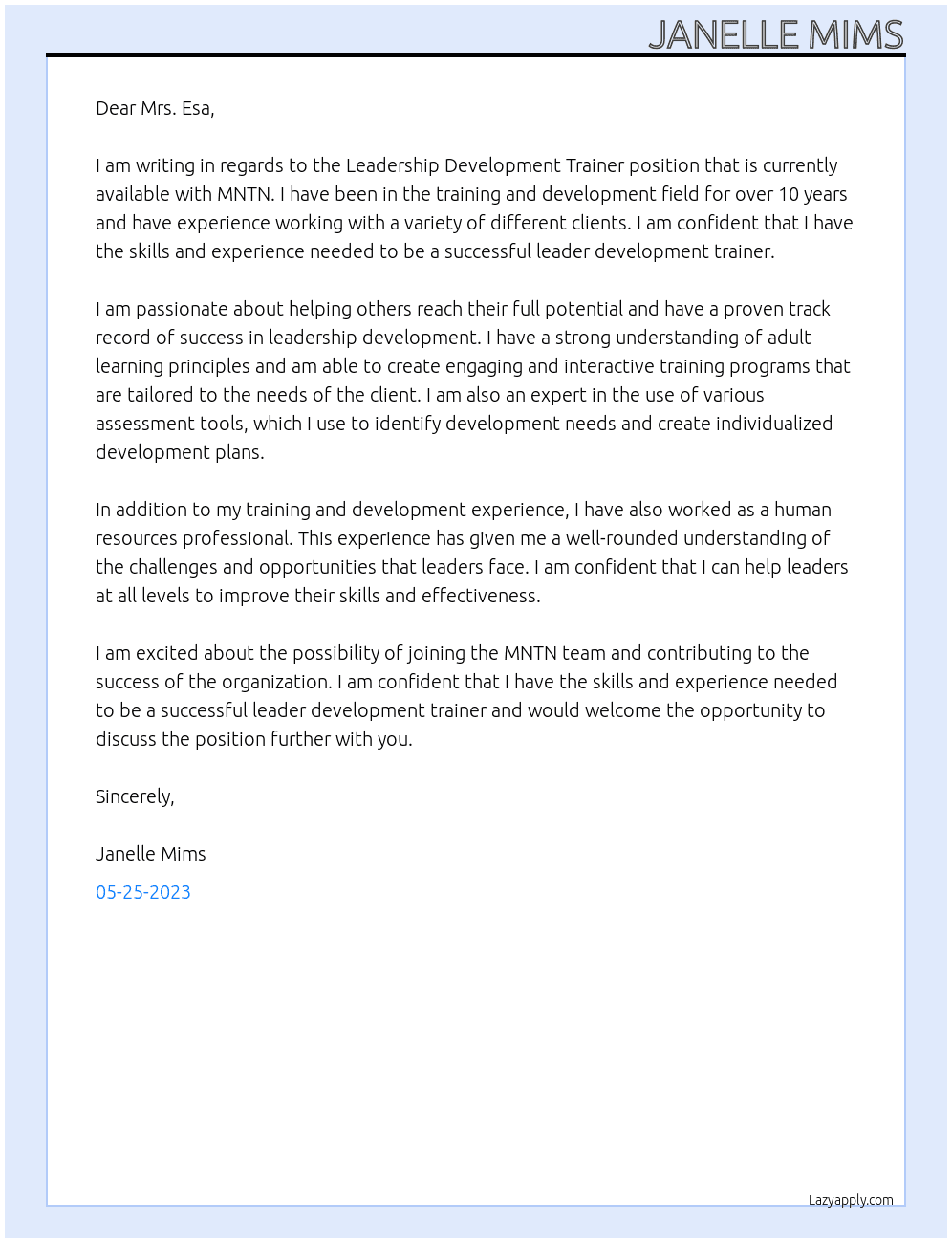 Leadership Development Trainer At MNTN Cover Letter