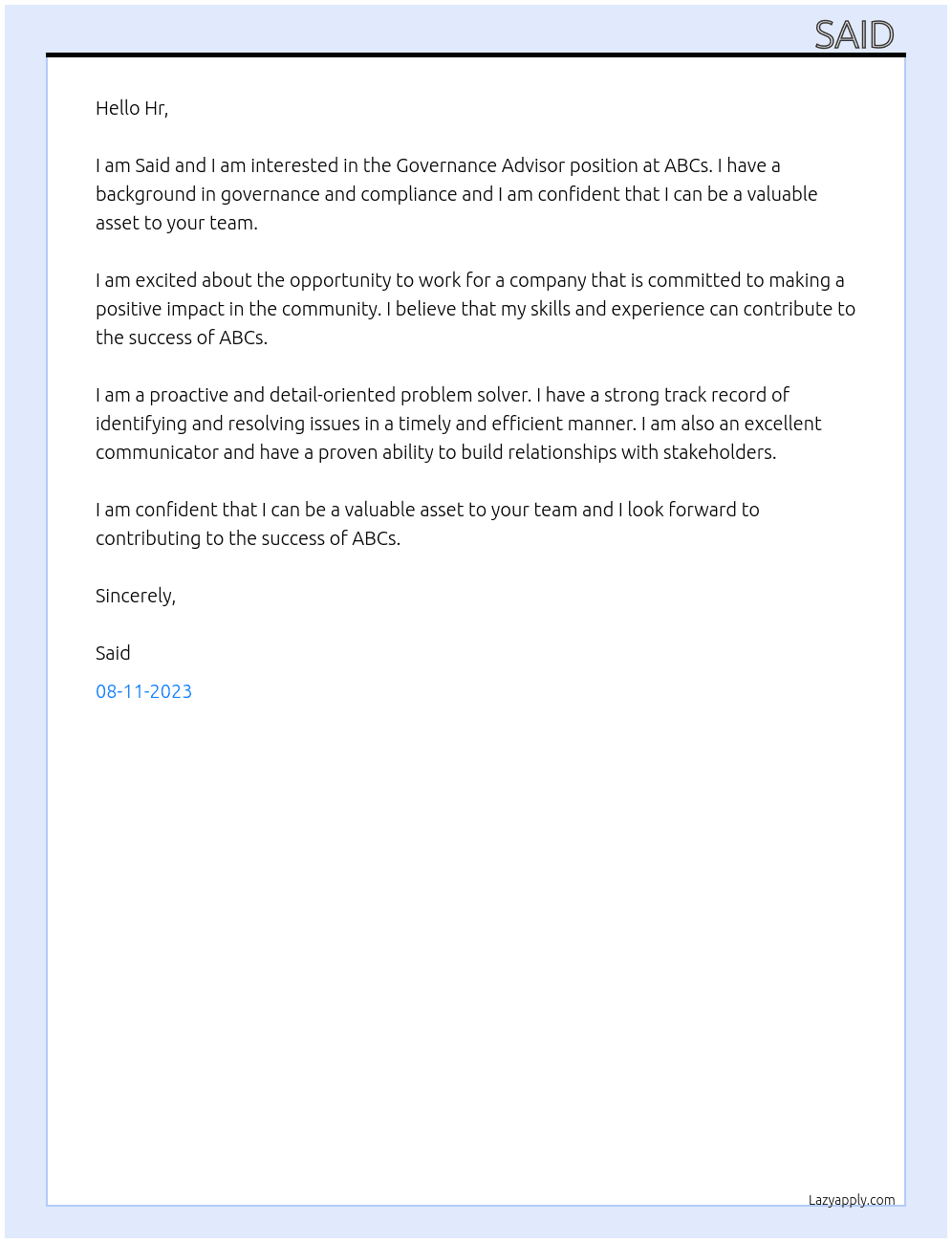 Governance Advisor At ABCs Cover Letter
