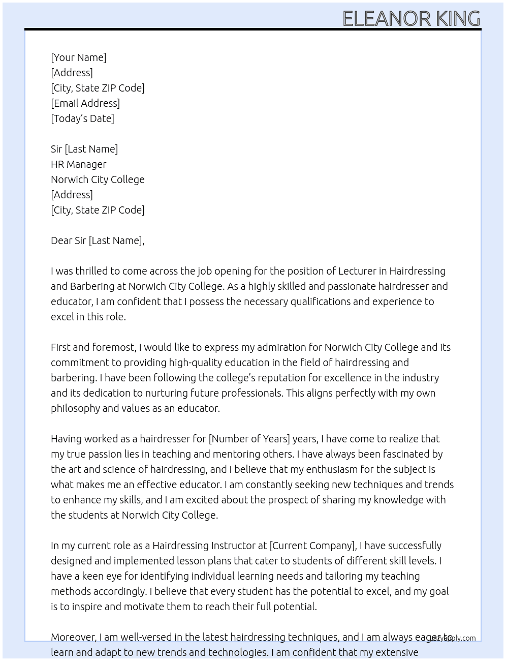 Lecturer in Hairdressing and Barbering At Norwich City College Cover Letter
