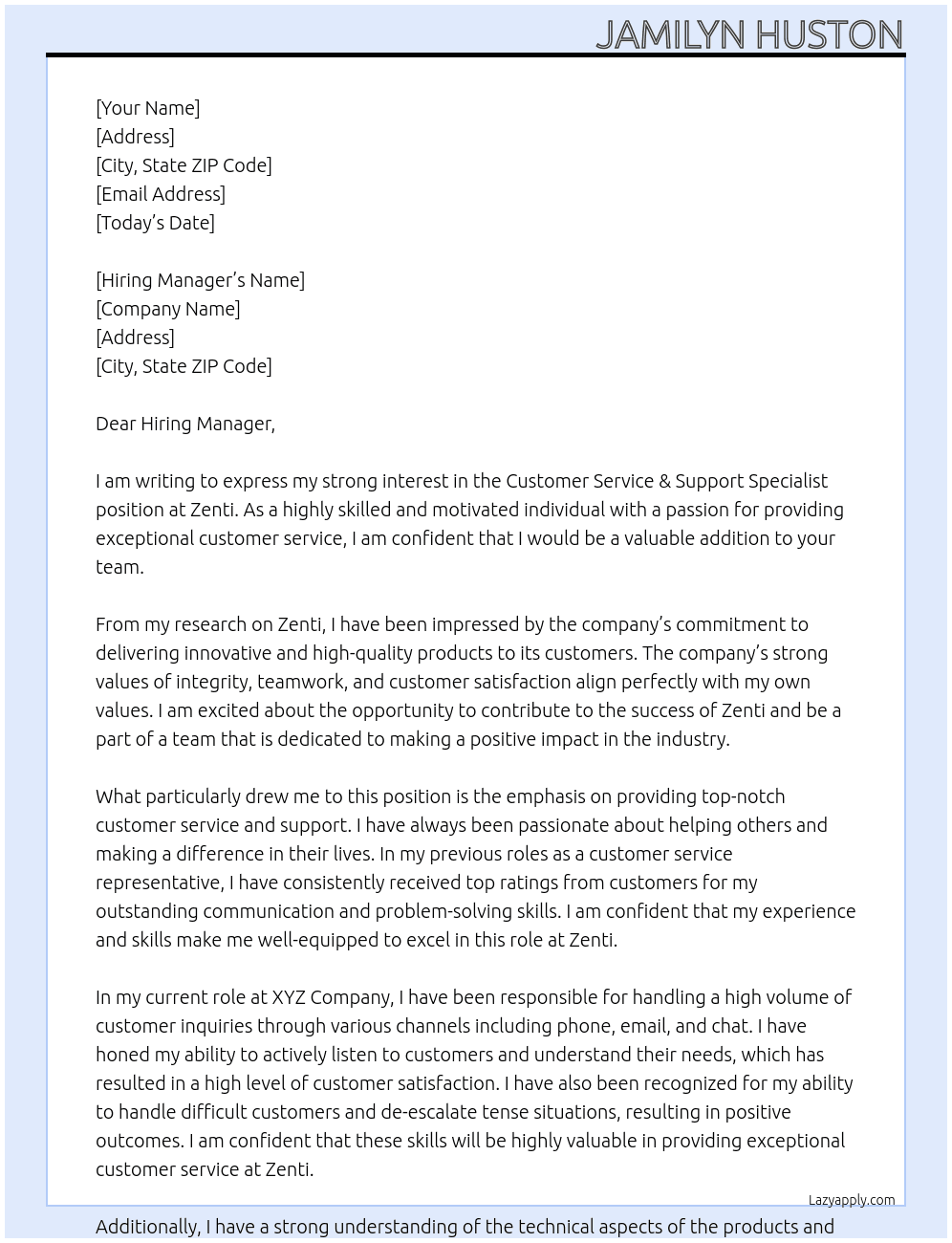 Customer Service & Support Specialist  At Zenti Cover Letter