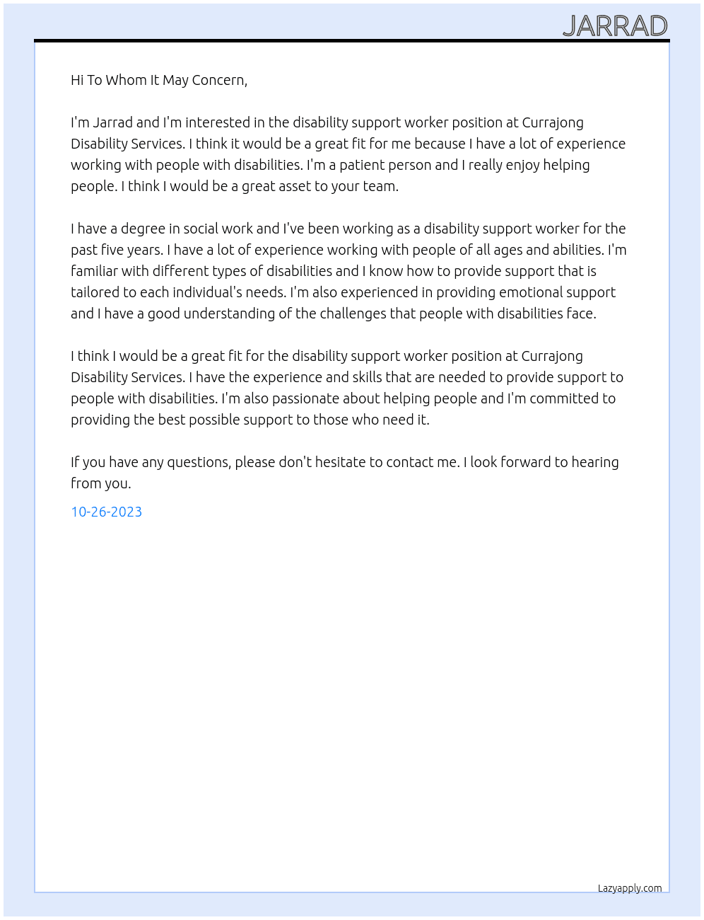 Disability support worker At Currajong Disability Services Cover Letter
