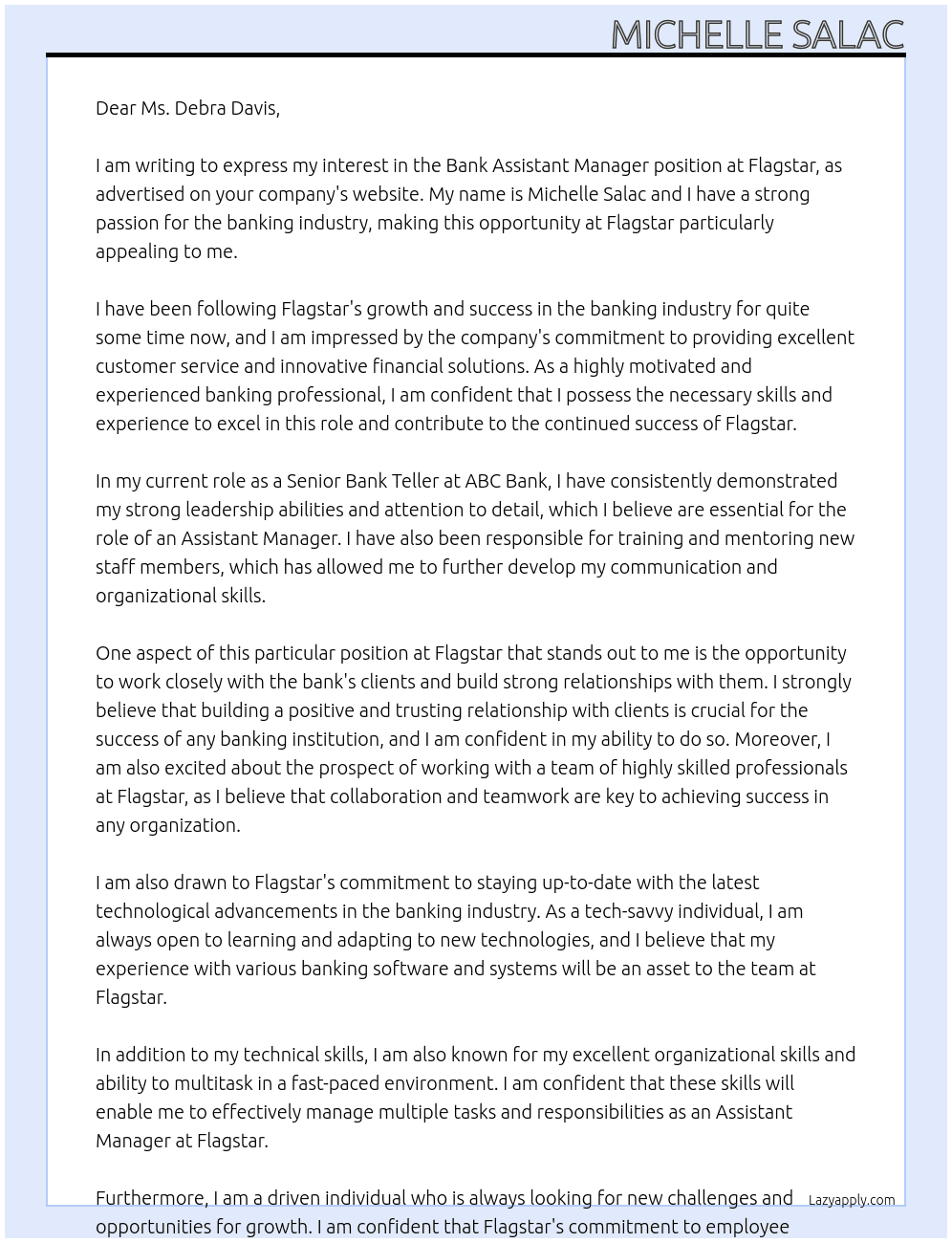 bank assistant manager At Flagstar Cover Letter