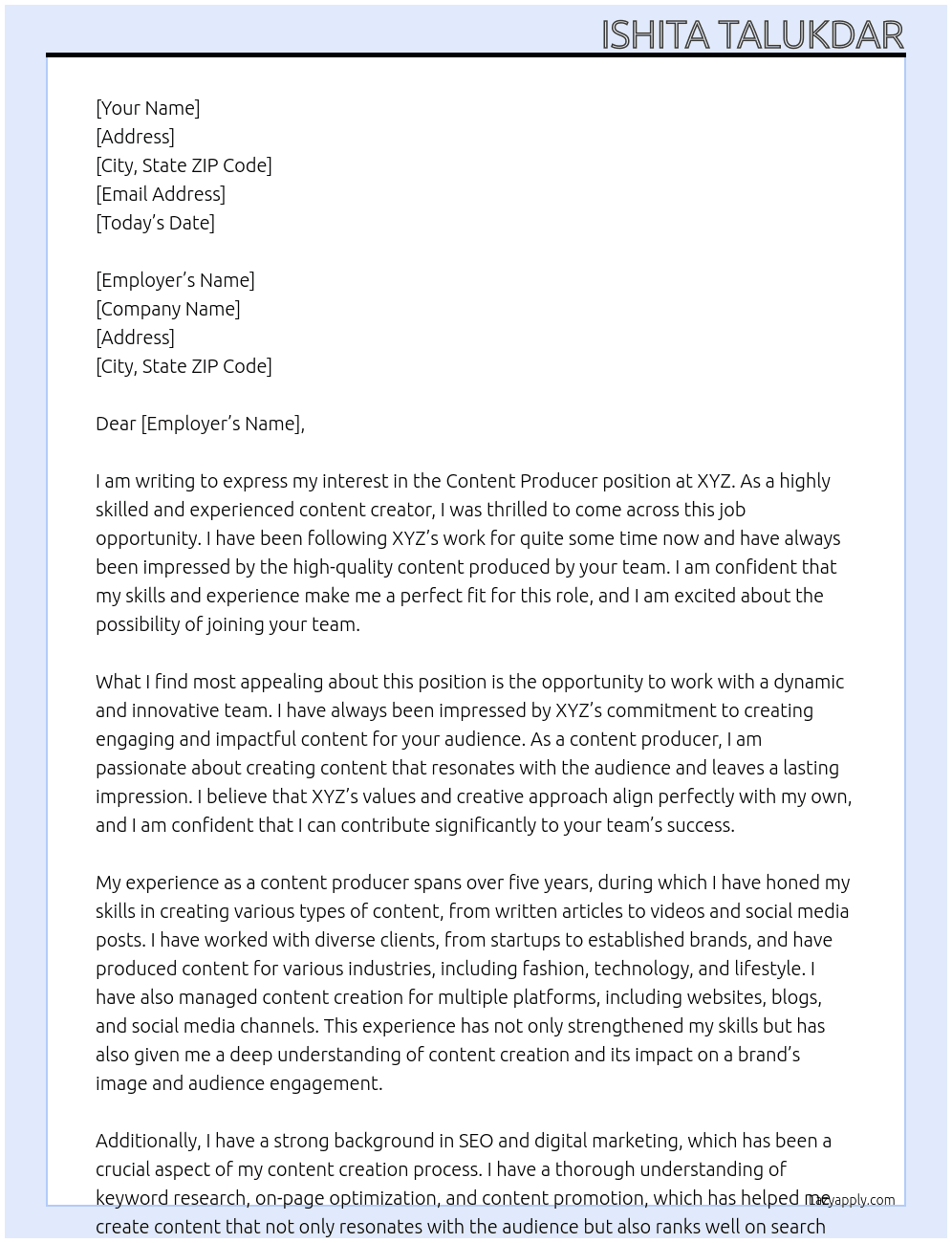 Content Producer At XYZ Cover Letter