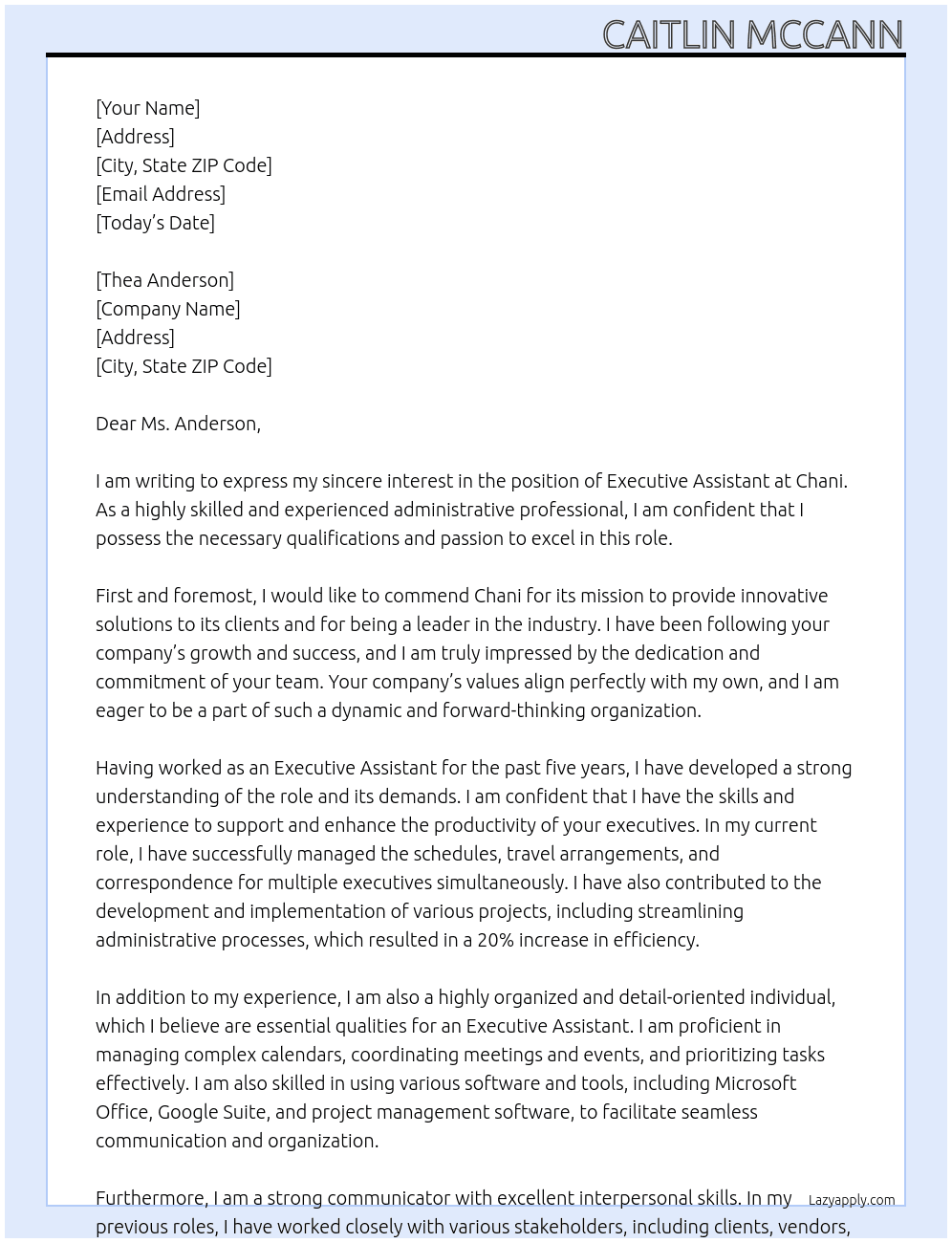 Executive Assistant  At Chani Cover Letter
