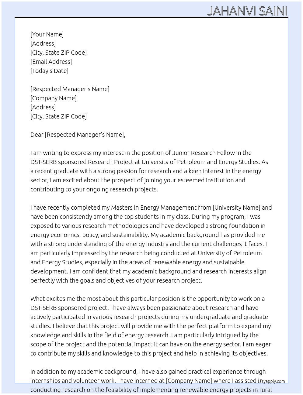 Junior Research Fellow in DST-SERB sponsored Research Project At University of Petroleum and Energy Studies Cover Letter