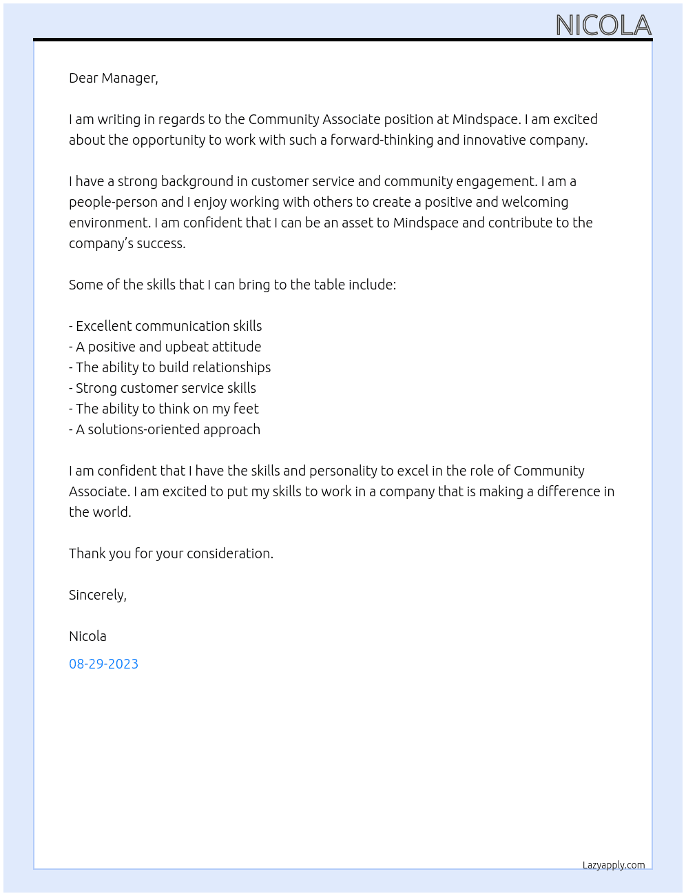 Community Associate At Mindspace Cover Letter