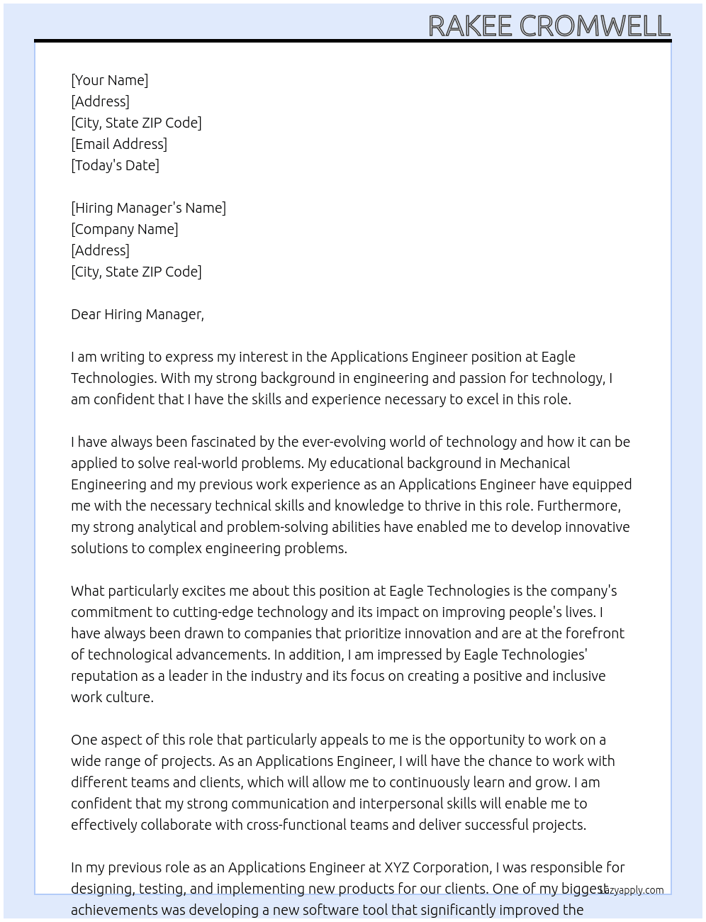 Applications Engineer At Eagle Technologies Cover Letter