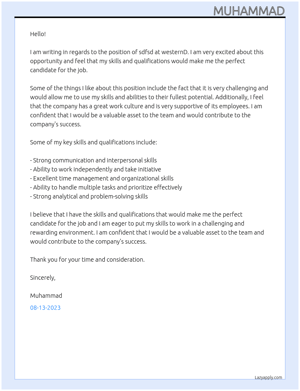 sdfsd At westernD Cover Letter