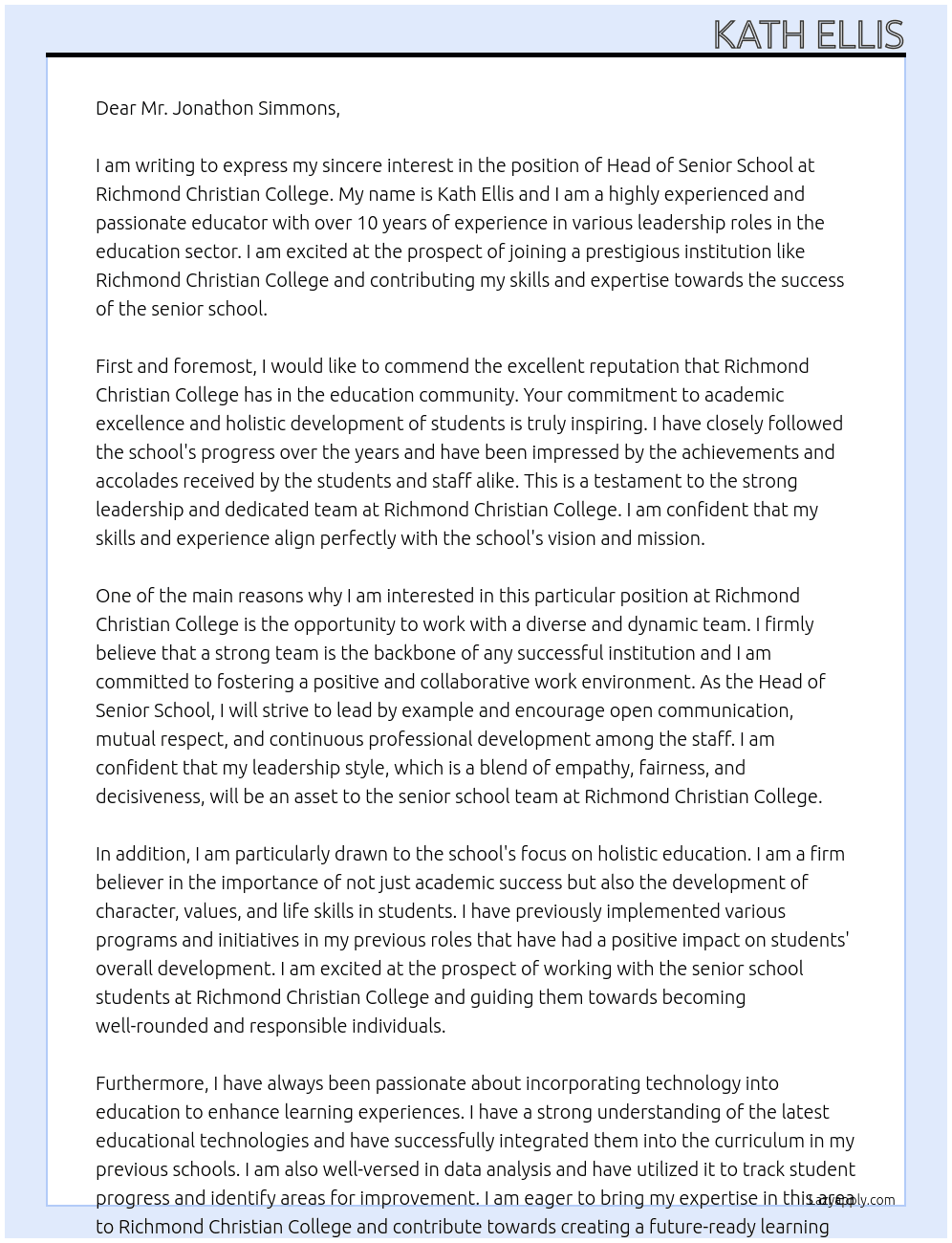 Head of Senior School At Richmond Christian College Cover Letter