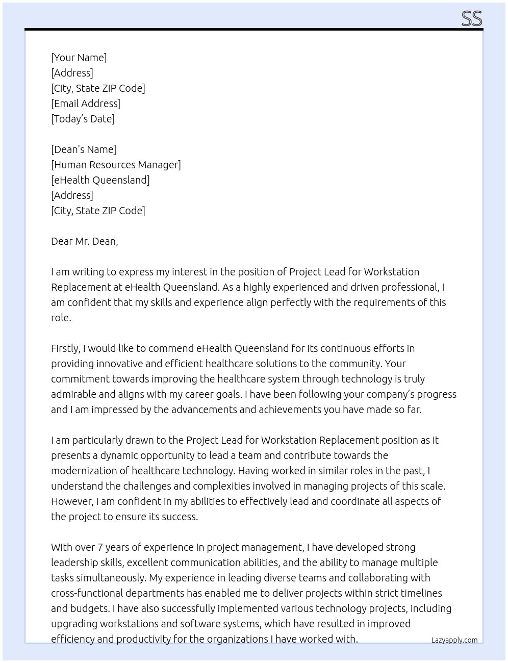 Project Lead Workstation Replacement At eHealth Queensland Cover Letter