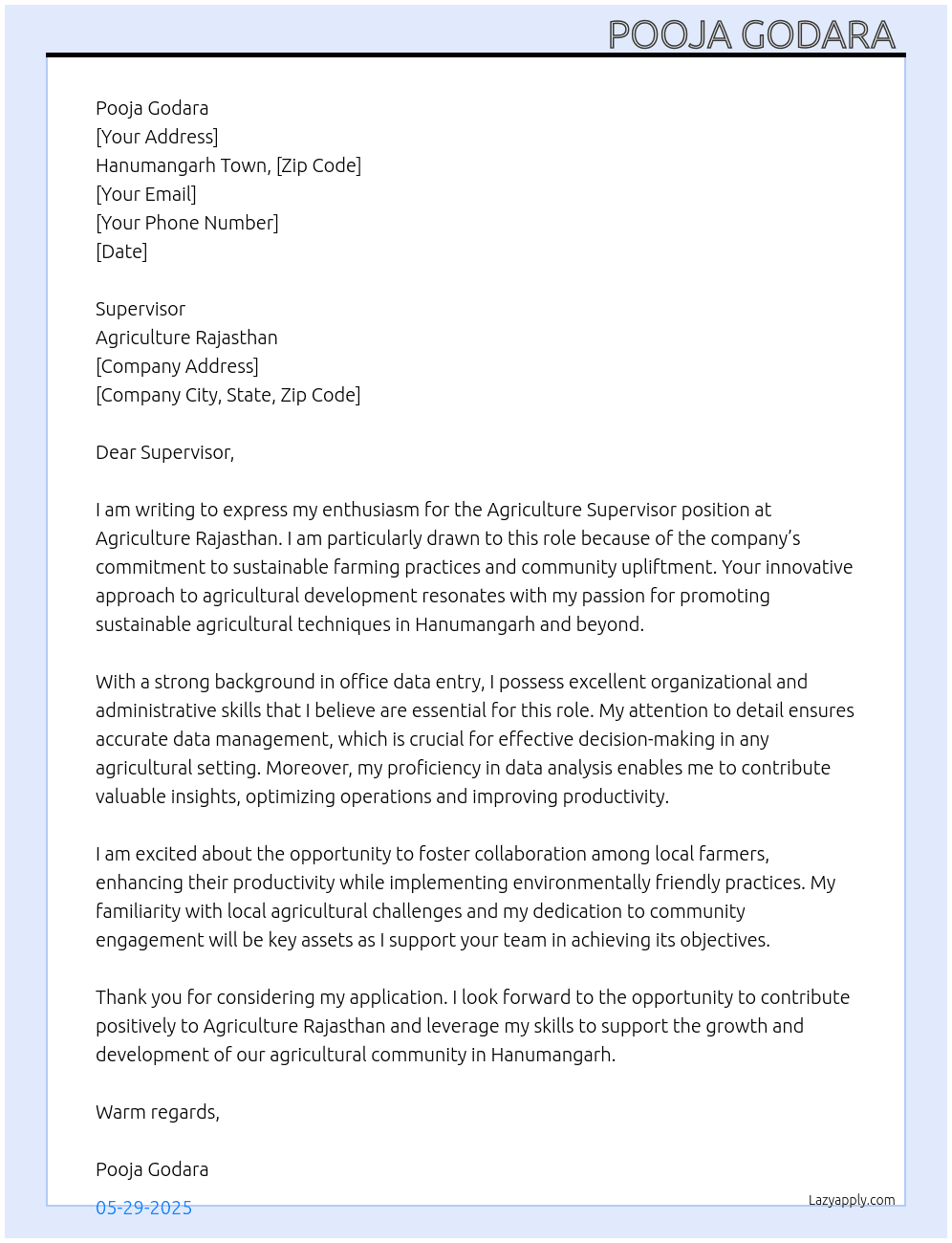 Agriculture supervisor  At Agriculture rajshathan  Cover Letter