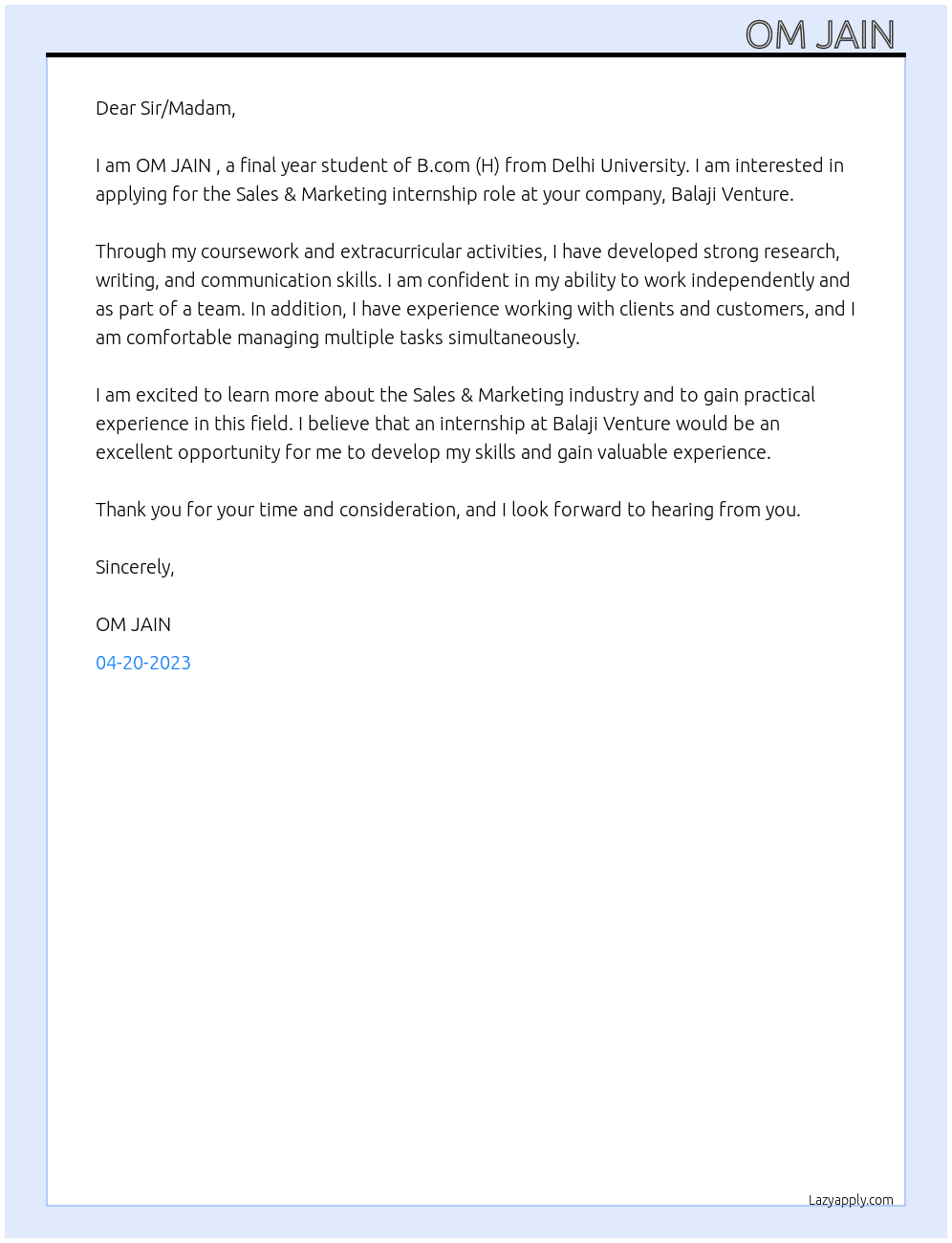 Salesand & Marketing At Balaji Venture Cover Letter
