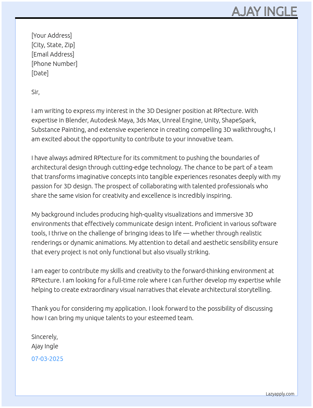 Cover letter for 3d designer - LazyApply