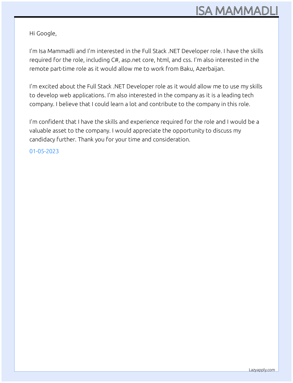 Full Stack .NET Developer At Google Cover Letter