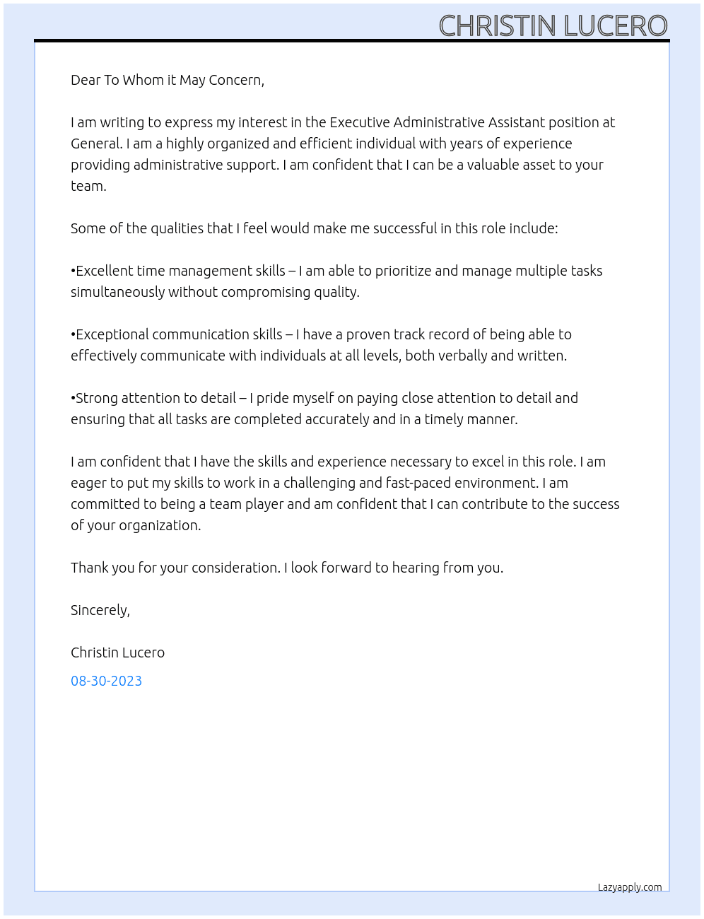 Executive Administrative Assistant At General Cover Letter