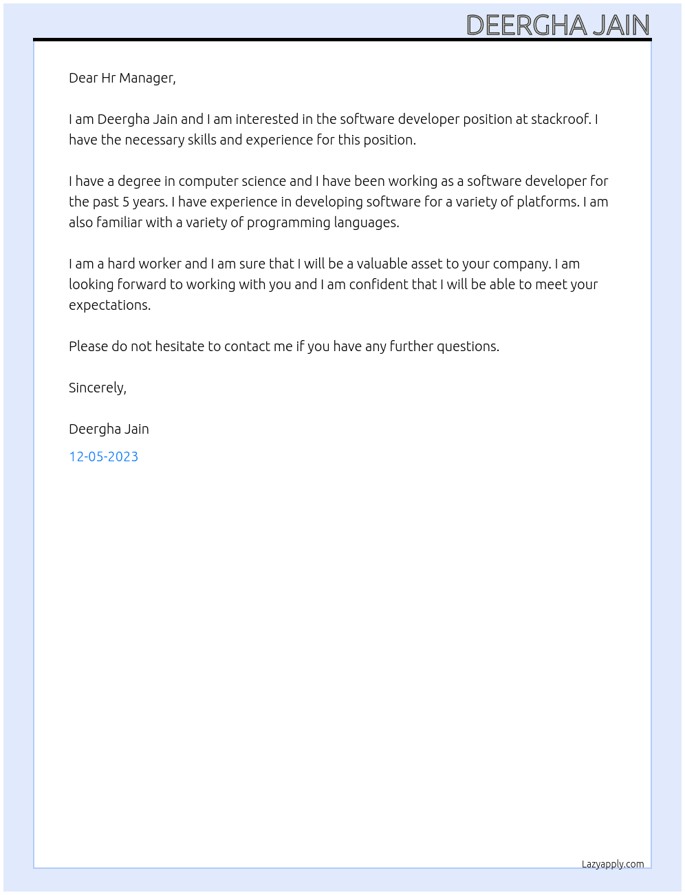 software developer At stackroof Cover Letter