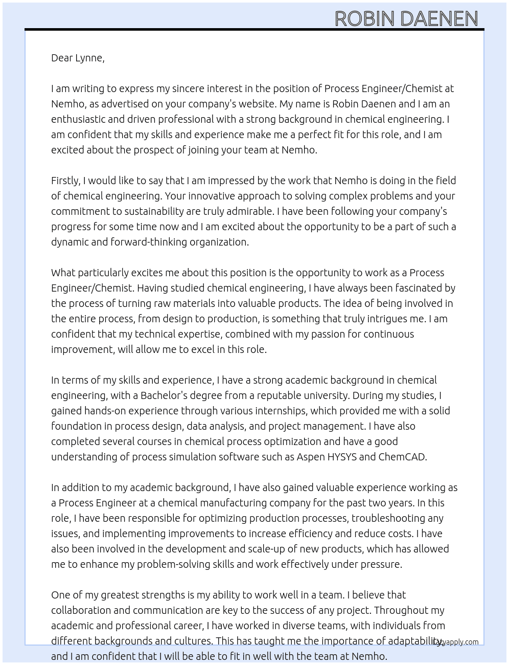 process engineer / chemist At Nemho Cover Letter