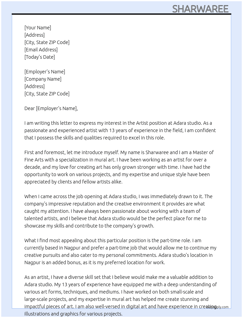 Artist  At Adara studio  Cover Letter