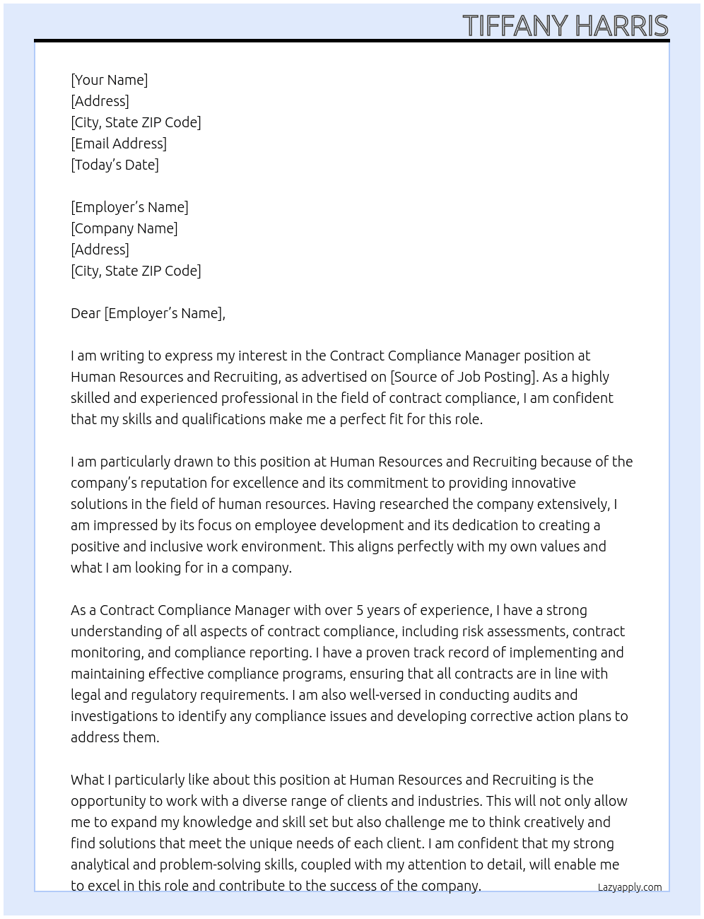 Contract Compliance Manager  At Human Resources and Recruiting  Cover Letter