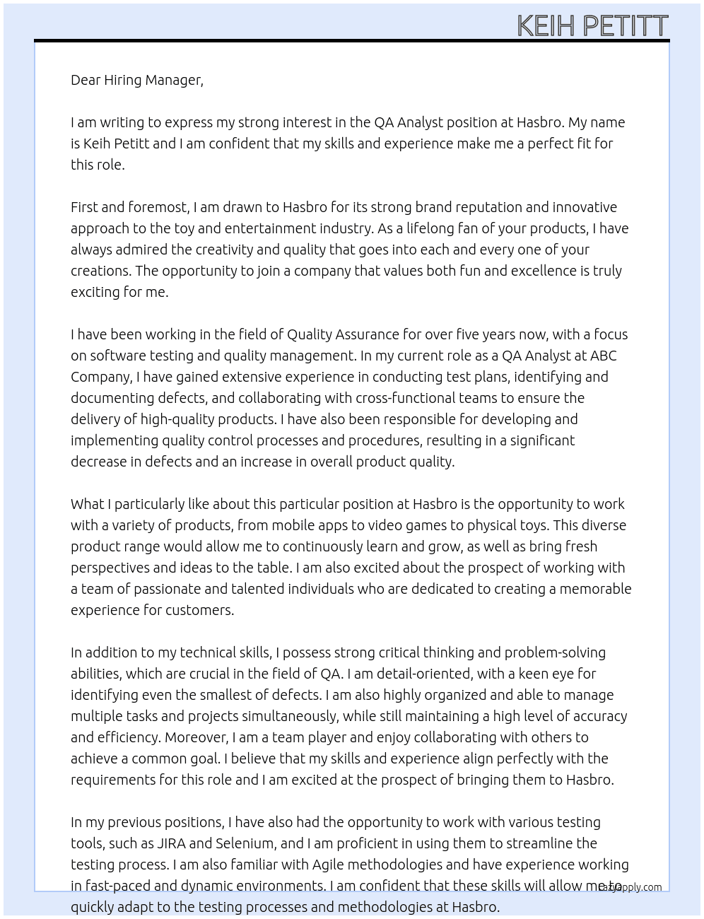 QA Analyst At Hasbro Cover Letter