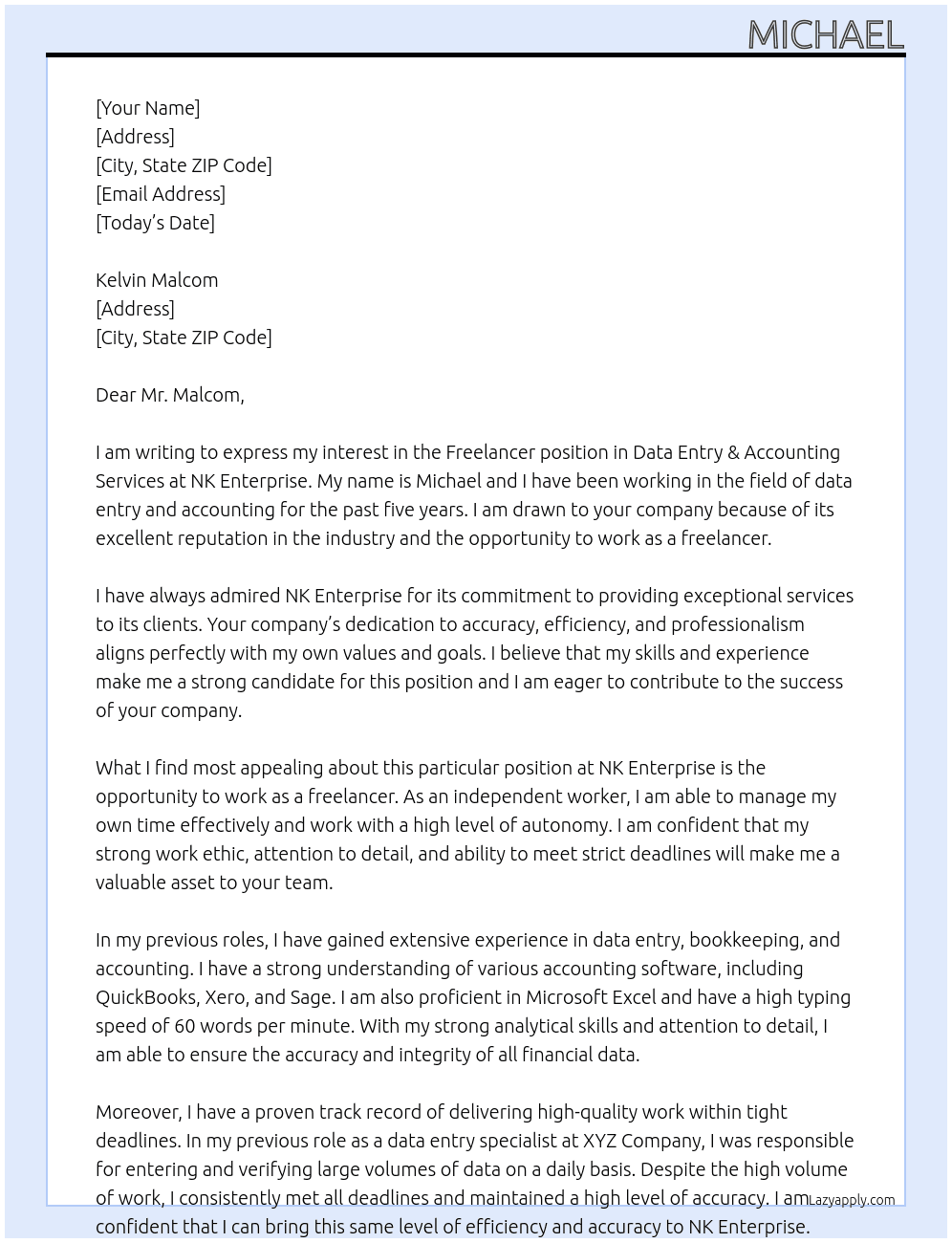Freelancer in Data Entry & Accounting Services At NK Enterprise Cover Letter