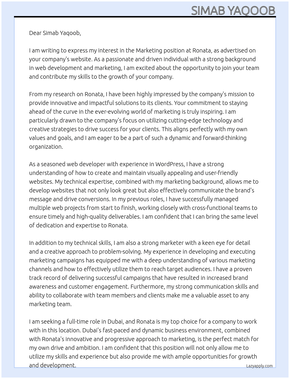Marketings At Ronata Cover Letter