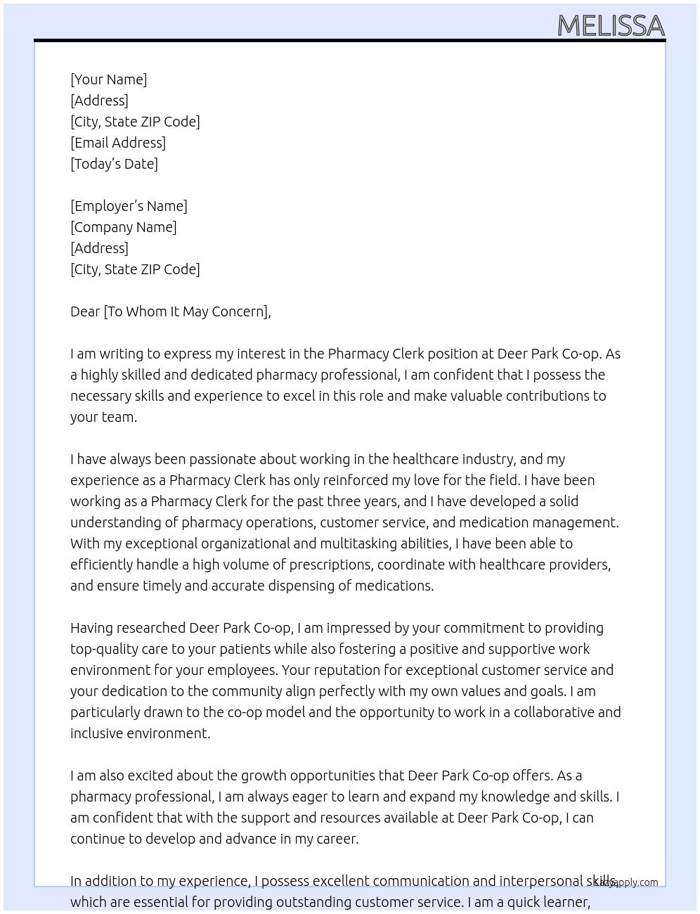 pharmacy clerk At Deer Park Co-op Cover Letter