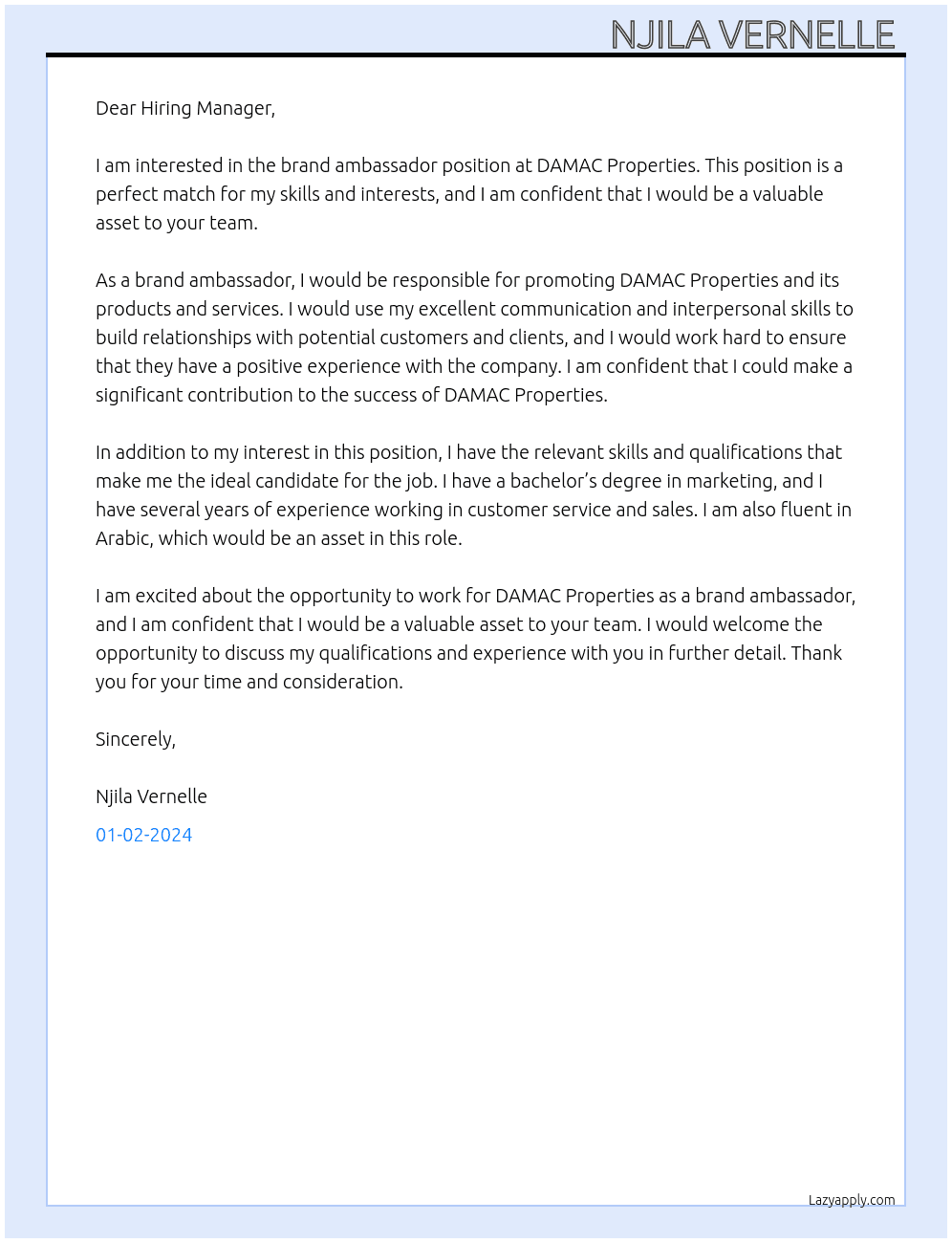 Brand ambassador  At DAMAC properties  Cover Letter