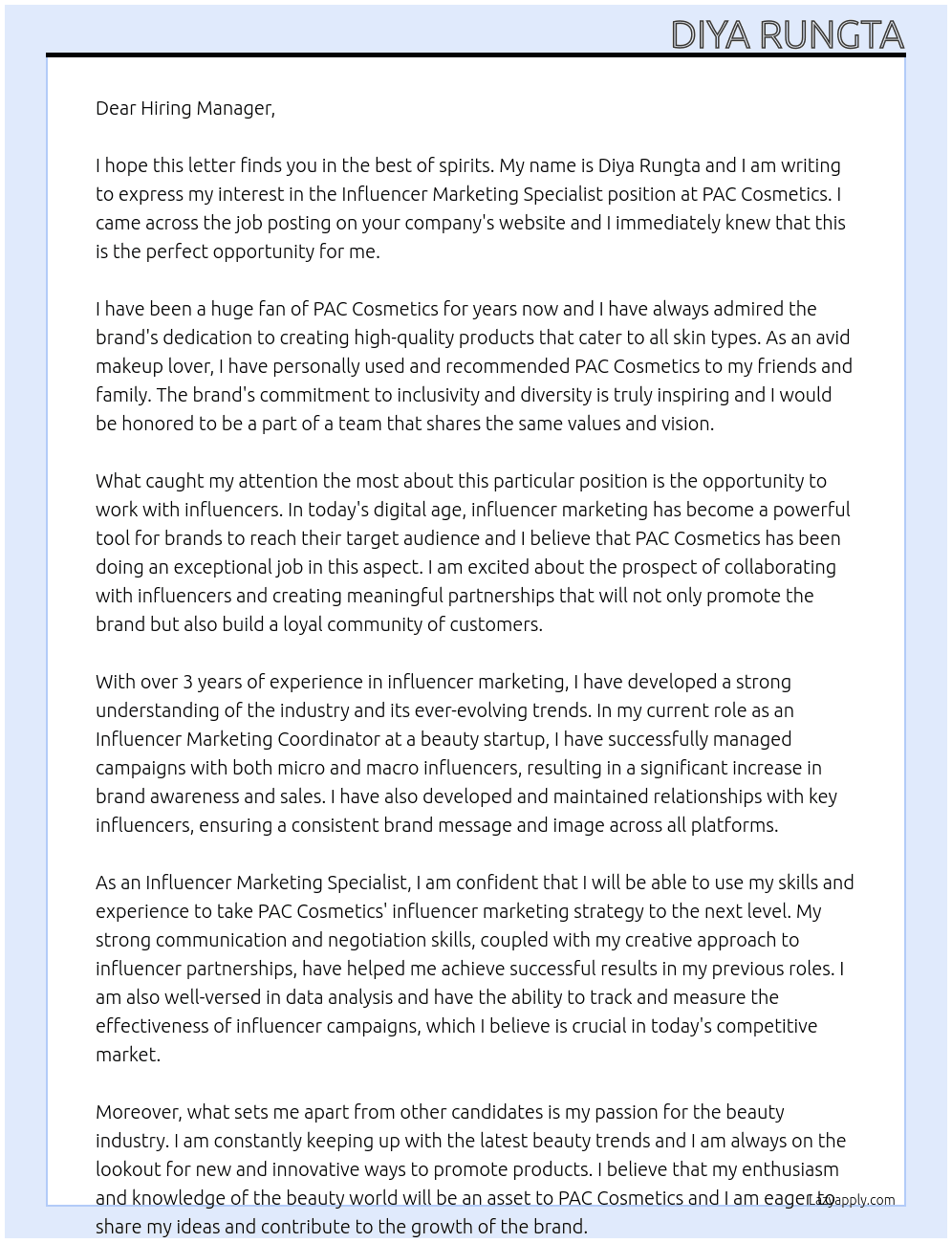 Influencer Marketing Specialist At PAC Cosmetics Cover Letter