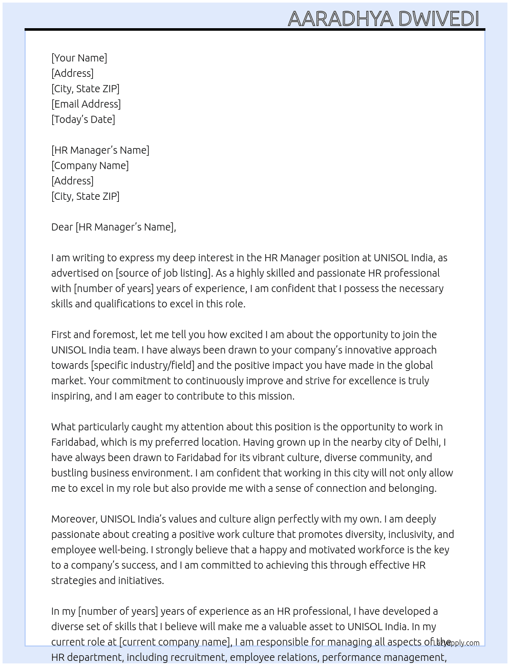 HR manager  At UNISOL India  Cover Letter