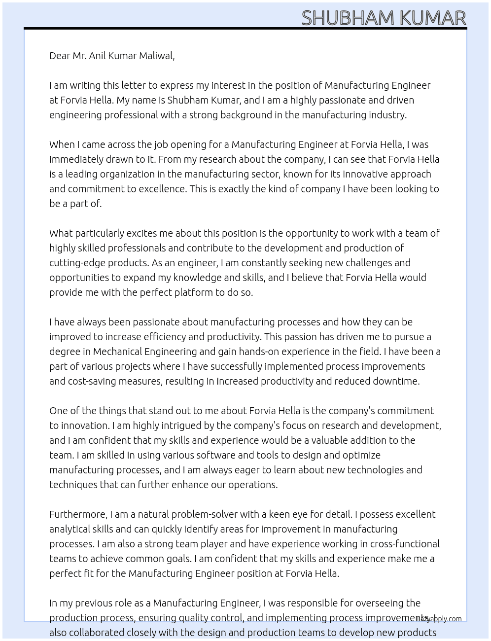 Manufacturing Engineer  At Forvia Hella Cover Letter