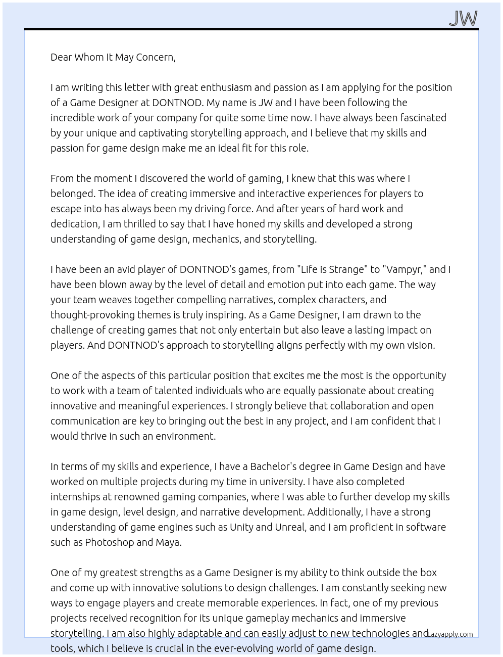 Game Designer At DONTNOD Cover Letter