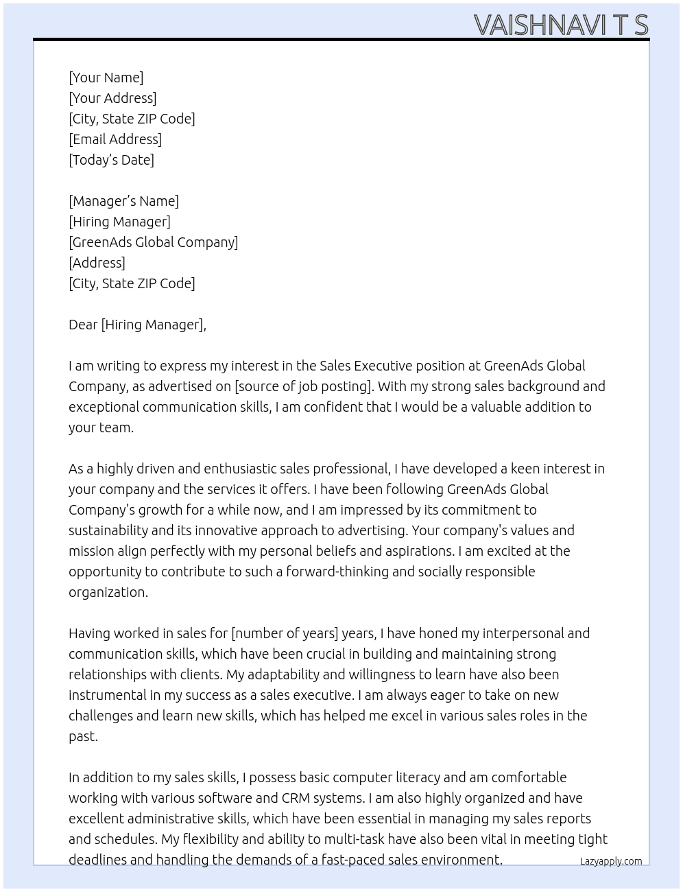 Sales executive  At GreenAds Global Company  Cover Letter