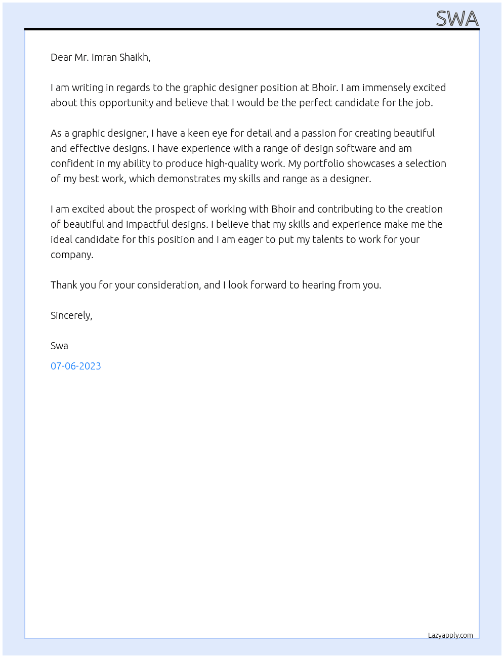 Graphic designer At Bhoir Cover Letter