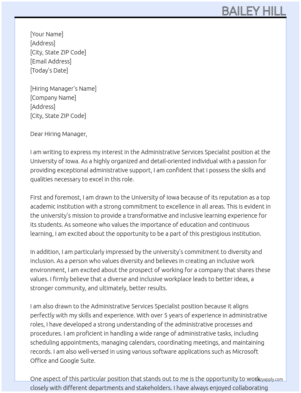 Administrative Services Specialist  At University of Iowa Cover Letter