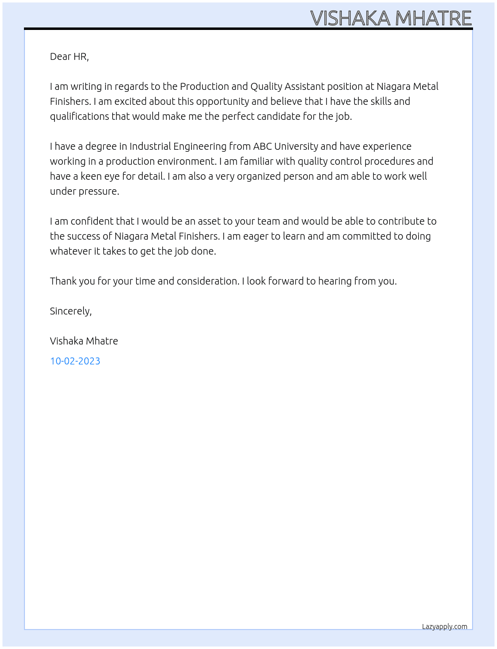 Production and Quality Assistant At Niagara Metal Finishers, Cover Letter