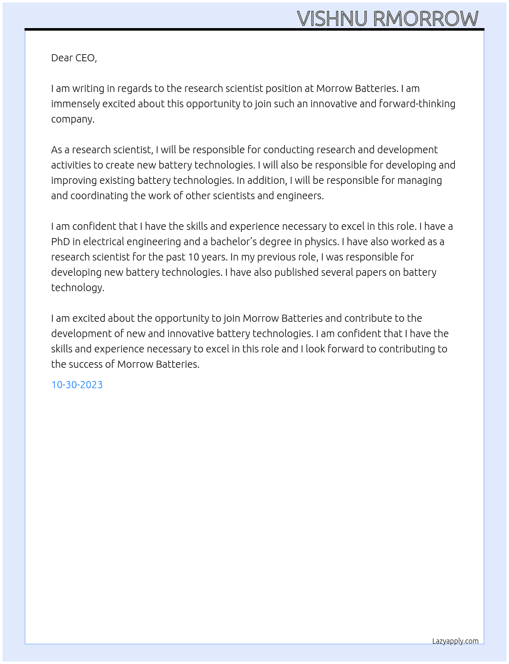 Research scientist At Morrow Batteries Cover Letter