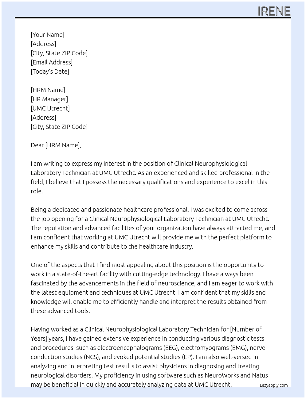 Clinical neurophysiological laboratory technician At umc utrecht Cover Letter