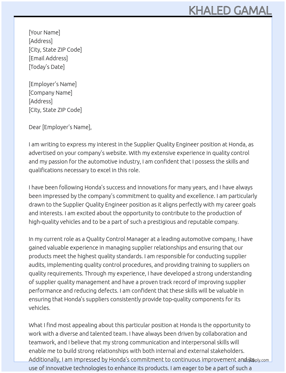Supplier Quality Engineer  At honda Cover Letter