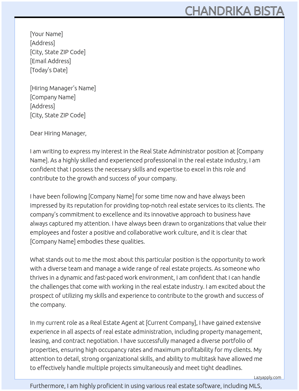 Real state administrator  At Real state Cover Letter