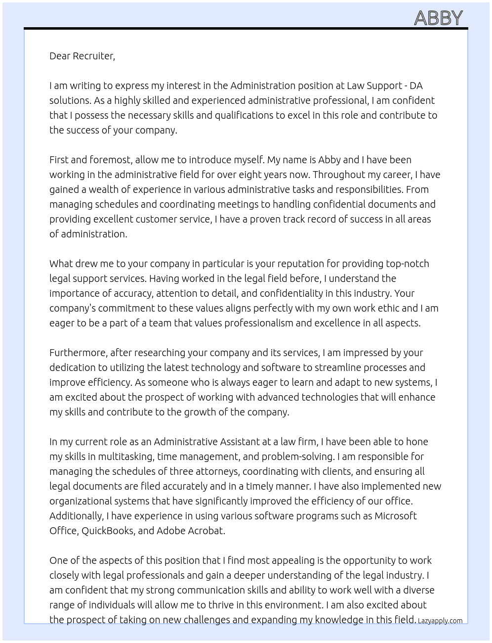 administration  At Law Support - DA solutions  Cover Letter